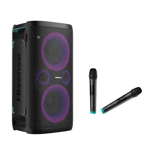 Produktbild: Hisense HP 110 Party Rocker One Plus- Tragbarer Party Lautsprecher mit Karaoke Modus inkl. 2 Mikrofone, 300 W Klangvolumen, DJ Effekte, kabelloses Laden, 5 Lichteffekte, bis zu 15h Akkulaufzeit, IPX4