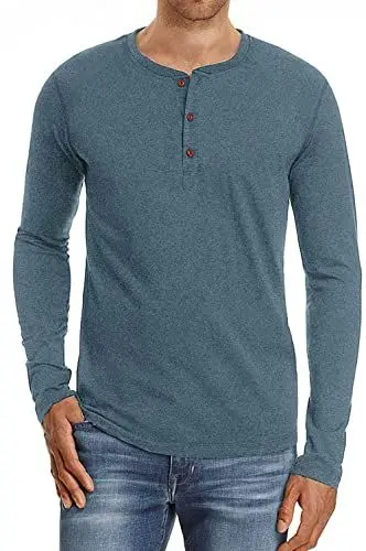 Produktbild: Hisir Henley Langarmshirt Herren Classic Baumwolle Kurzarm Knopf Longsleeve T-Shirt Beiläufig T Shirts für Männer (VG Blau, XL)