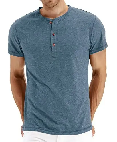 Produktbild: Hisir Henley Shirt Herren Sommer Classic Baumwolle Kurzarm Knopf T-Shirt Beiläufig T Shirts für Männer (VG Blau, L)
