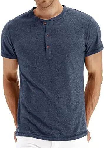 Produktbild: Hisir Henley Shirt Herren Sommer Classic Baumwolle Kurzarm Knopf T-Shirt Beiläufig T Shirts für Männer (VG Marineblau, L)