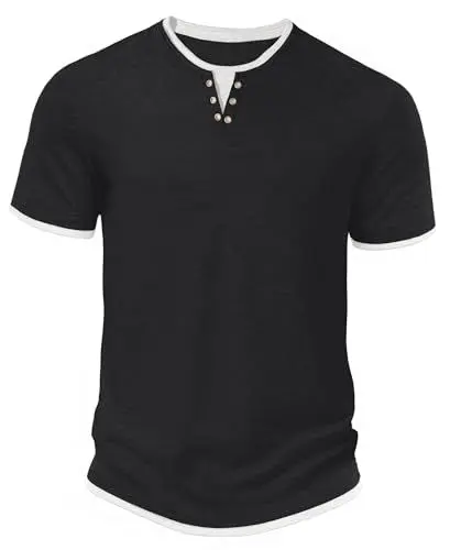 Produktbild: Hisir T-Shirts Für Herren Henley Sommer Kurzarm mit Rundhals Tshirt Herren Lässige Klassische Slim Fit Basic-Oberteile (Schwarz, XL)