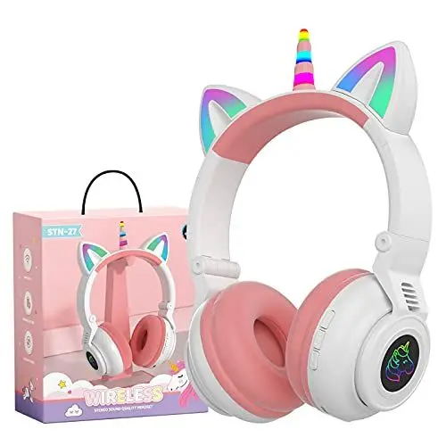 Produktbild: hisonic Einhorn Kopfhörer Bluetooth, Over-Ear kinderkopfhörer ab 3 Jahre, mit Bunte Lichter, Faltbare, Einstellbar, Kabellos und Kabel, Eingebautes Mikfon für Mädchen. (Weiß)