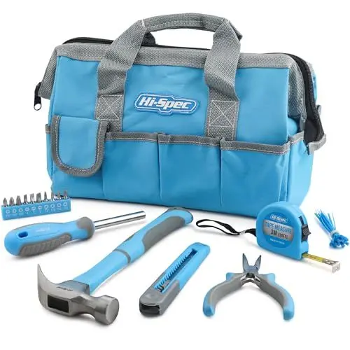 Produktbild: Hi-Spec 16-teiliges Werkzeugset in Hellblau, speziell für den Haushalt zusammengestellt. Eine kompakte Werkzeugtasche mit vielen Fächern und Reißverschluss