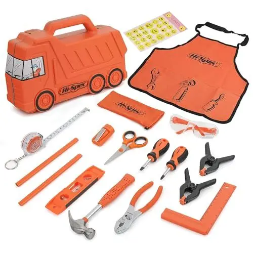 Produktbild: Hi-Spec 17-TLG. Kinder-Werkzeugset Oranger Werkyeugkoffer in LKW Form. mit Stickern, Schürze, Schutzbrille, Wasserwaage und Handwerkzeugen in Kindergröße Nicht nur Spielzeug - echtes Werkzeug!