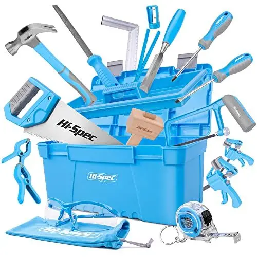 Produktbild: Hi-Spec 25 tlg. Werkzeug-set für Anfänger mit Werkzeugkasten, Holzschnitzwerkzeug, Holzmeißel und Holzhammer, Handsäge, Bügelsäge und mehr für Kinder und junge Tischler