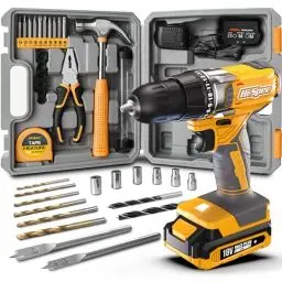Produktbild: Hi-Spec 30-tlg. DIY Kompakt-Werkzeug-Set mit 18V Akku- & Bohrschrauber, Bohrmaschine, Akkubohrer und Schrauber, Akkuschrauber, Hammer - Alle wichtigen Handwerkzeuge im Set und Zubehör