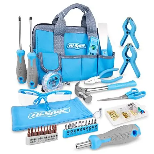 Produktbild: Hi-Spec 34 tlg Werkzeug-set in Werkzeugtasche mit Schutzbrille und 100-teiliges Wandbild-Aufhängeset - Ein Muss für die Reparatur und Wartung im Haushalt- Stylische Blaue Tragetasche Inklusive