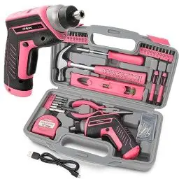 Produktbild: Hi-Spec 35-teiliges Pink-Rosa Heimwerker Werkzeug-set mit wiederaufladbarem USB-Akkuschrauber. Für Reparaturen und Wartungen in einem praktischen Werkzeugkoffer – Für Frauen und Mädchen