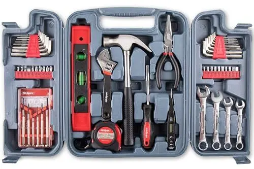 Produktbild: Hi-Spec 53-tlg. Werkzeugset für den Haushalt, gefüllter Werkzeugkoffer mit Hammer und Schraubenzieher-Set, Zange. Wasserwaage, Maulschlüssel und mehr für den Alltags Reperaturen im Haus.