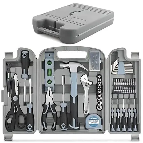 Produktbild: Hi-Spec 54-TLG. Werkzeugkofferset gefüllt mit Werkzeugen für Haushalt und Garage. Inklusive Handwerkzeugen: Hammer und Schraubendreherset, Nüssen, Sechskantschlüsseln, Maßband und mehr
