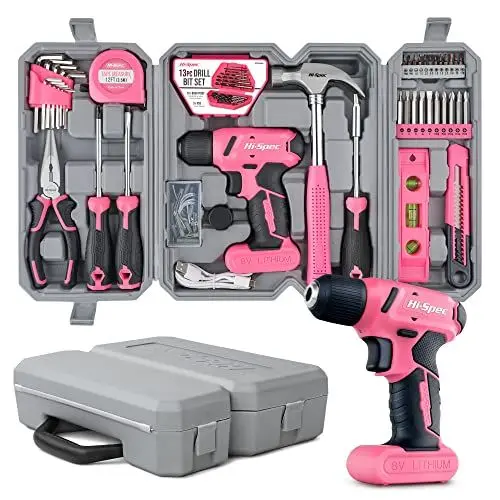 Produktbild: Hi-Spec 58 tlg. Werkzeugkoffer in Pink mit 8V USB Pinkem Akkuschrauber für Frauen. Werkzeugkoffer gefüllt für Haushalt DIY Reparatur und Wartung. Werkzeug für Frauen!