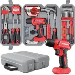 Produktbild: Hi-Spec 58 tlg. Werkzeugset in Rot mit 8V USB Bohrmaschine mit Akku. Werkzeugkoffer gefüllt für Haushalt DIY Reparatur und Wartungsarbeiten