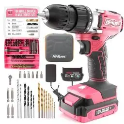 Produktbild: Hi-Spec 58-tlg. 18V-Akkubohrer in Pink Rosa mit S2 Bit Satz. DIY Akkuschrauber, Bohrmaschine für Metall, Trockenbau, Holz und Plastik in Pinkem Etui