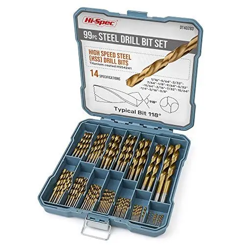 Produktbild: Hi-Spec 99 tlg. HSS Spiralbohrer Set in 14 Größen von 1mm bis 10mm für Holz, Metall, Kunststoff in Aufbewahrungskoffer, Bohrerbit Set Zubehör für Bohrschrauber.