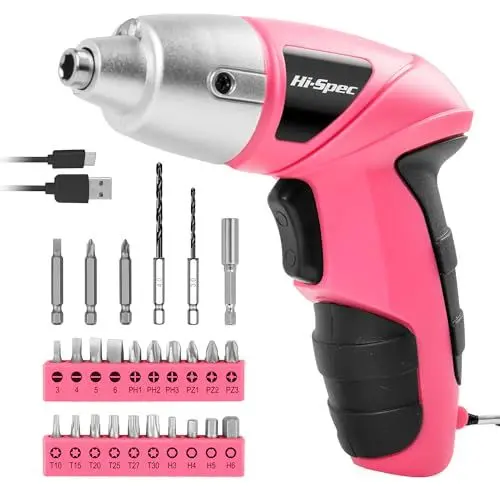 Produktbild: Hi-Spec Kleiner Akkuschrauber in Pink Rosa mit wiederaufladbarem 3.6-V-Akku und LED-Licht. Mit 26-teiligem Zubehör Schraubendreher Bit Set – Mini Akkuschrauber für Frauen