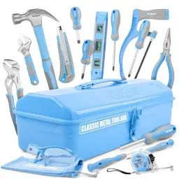 Produktbild: Hi-Spec Blaues Werkzeugset für Anfänger – Metall Werkzeugkoffer für Kinder, inklusive Hammer, Schraubenzieher-Set, Bügelsäge und Zange– Kompletter DIY Werkzeugkasten