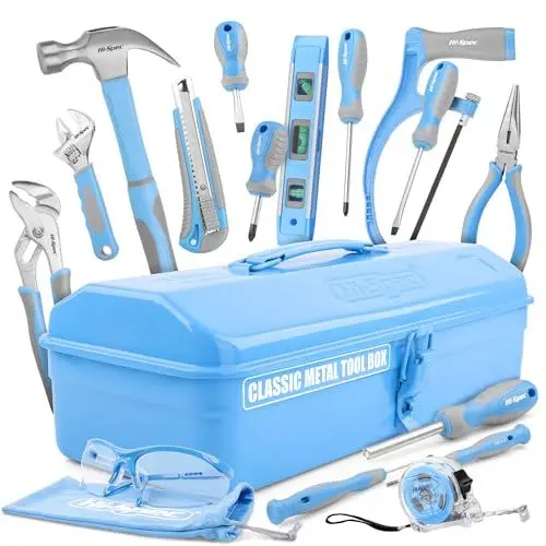 Produktbild: Hi-Spec Blaues Werkzeugset für Anfänger – Metall Werkzeugkoffer für Kinder, inklusive Hammer, Schraubenzieher-Set, Bügelsäge und Zange– Kompletter DIY Werkzeugkasten