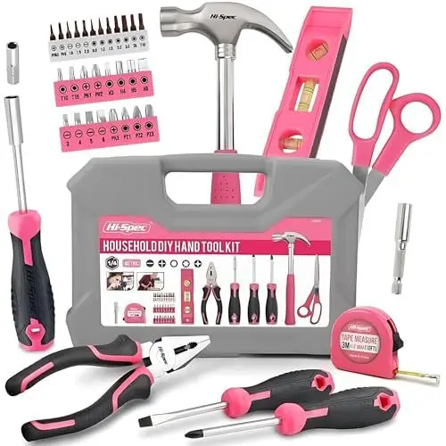 Produktbild: Hi-Spec Heim DIY Werkzeugkoffer für Frauen 42tlg. Kleiner Werkzeugkoffer gefüllt mit Pinken Werkzeugen und 2-in-1-Schraubendreher-Bit-Griff für Reparaturen.