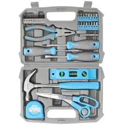 Produktbild: Hi-Spec Heim DIY Werkzeugkoffer gefüllt 42tlg. Kleiner Werkzeugkoffer gefüllt mit Blauen Werkzeugen und 2-in-1-Schraubendreher-Bit-Griff für Reparaturen.