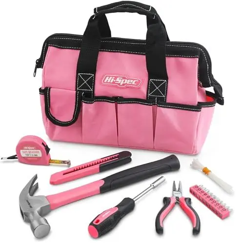 Produktbild: Hi-Spec Werkzeugset in pinker Werkzeugtasche mit extra Fächern. Ein Muss für Reparaturen und Wartungen im Haushalt. Alle Werkzeuge incl. Hammer in Stylischer Rosa Tragetasche verstaut