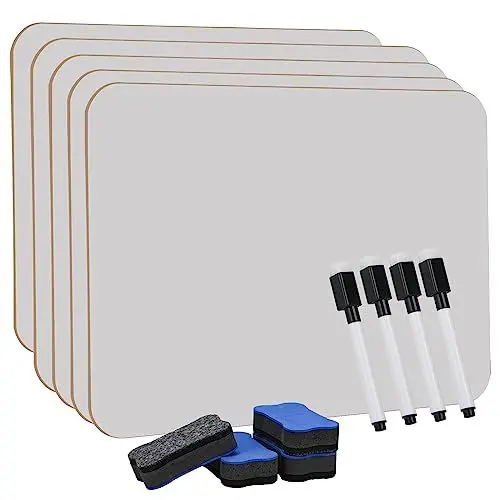 Produktbild: Hisredsun 4 Stück Small Dry Erase White Board, 21 x 29,7 cm Doppelseitiges Mini Whiteboard mit 4 Stiften und 4 Radiergummis, Langlebige tragbare Whiteboards für Klassenzimmer, Zuhause und Büro