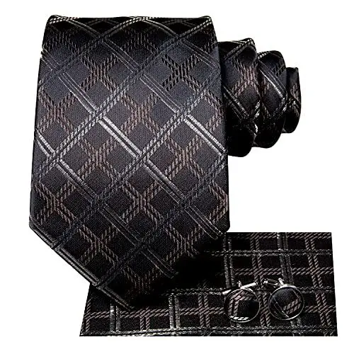 Produktbild: Hi-Tie Herren Krawatte Schwarz Paisley/Plaid/Streifen/Einfarbig Krawatten Set Einstecktuch Manschettenknöpfe Business Formal Hochzeit Meeting Geschenkbox,schwarzbraun kariert