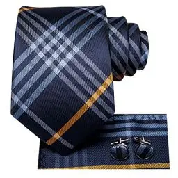 Produktbild: Hi-Tie Herren Krawatte Schwarz Paisley/Plaid/Streifen/Einfarbig Krawatten Set Einstecktuch Manschettenknöpfe Business Formal Hochzeit Meeting Geschenkbox,blau-weißes Paisley