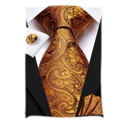 Produktbild: Hi-Tie Herren Krawatte Schwarz Paisley/Plaid/Streifen/Einfarbig Krawatten Set Einstecktuch Manschettenknöpfe Business Formal Hochzeit Meeting Geschenkbox,dunkel orange Paisley