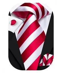 Produktbild: Hi-Tie Herren Krawatte Schwarz Paisley/Plaid/Streifen/Einfarbig Krawatten Set Einstecktuch Manschettenknöpfe Business Formal Hochzeit Meeting Geschenkbox,roter weißer Streifen
