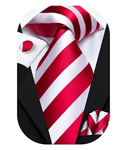 Produktbild: Hi-Tie Herren Krawatte Schwarz Paisley/Plaid/Streifen/Einfarbig Krawatten Set Einstecktuch Manschettenknöpfe Business Formal Hochzeit Meeting Geschenkbox,roter weißer Streifen