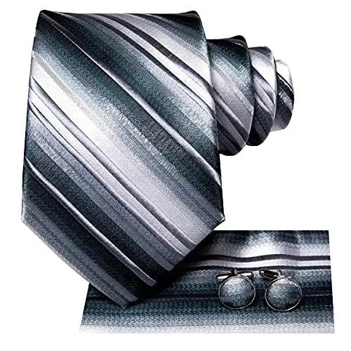 Produktbild: Hi-Tie Herren Krawatte Schwarz Paisley/Plaid/Streifen/Einfarbig Krawatten Set Einstecktuch Manschettenknöpfe Business Formal Hochzeit Meeting Geschenkbox,weißer grauer Streifen