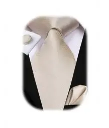 Produktbild: Hi-Tie Herren Krawatte Schwarz Paisley/Plaid/Streifen/Einfarbig Krawatten Set Einstecktuch Manschettenknöpfe Business Formal Hochzeit Meeting Geschenkbox,beiger Streifen