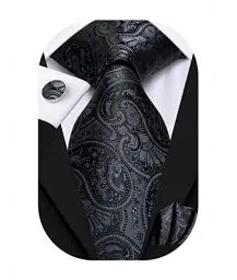 Produktbild: Hi-Tie Herren Krawatte Schwarz Paisley/Plaid/Streifen/Einfarbig Krawatten Set Einstecktuch Manschettenknöpfe Business Formal Hochzeit Meeting Geschenkbox,schwarzes Paisley