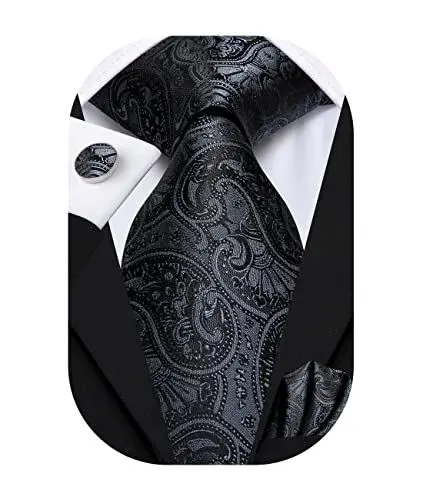 Produktbild: Hi-Tie Herren Krawatte Schwarz Paisley/Plaid/Streifen/Einfarbig Krawatten Set Einstecktuch Manschettenknöpfe Business Formal Hochzeit Meeting Geschenkbox,schwarzes Paisley