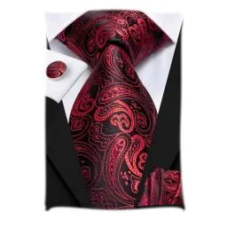 Produktbild: Hi-Tie Herren Krawatte Schwarz Paisley/Plaid/Streifen/Einfarbig Krawatten Set Einstecktuch Manschettenknöpfe Business Formal Hochzeit Meeting Geschenkbox,rotes Paisley