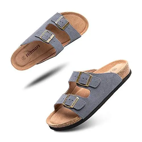 Produktbild: Hitmars Pantoletten Damen Herren Sandalen Zehentrenner Fußbett Bequeme Flach Korkfußbett Offene Schnalle Sommer Hausschuhe Frauen Grau 36 EU