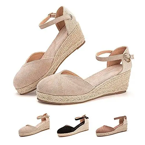 Produktbild: Hitmars Plateau Sandalen Damen Espadrilles mit Keilabsatz Keilsandalen Absatz Espandrillos Sommer Frauen Schuhe Geschlossene Elegant 1 Beige Größe 39 EU