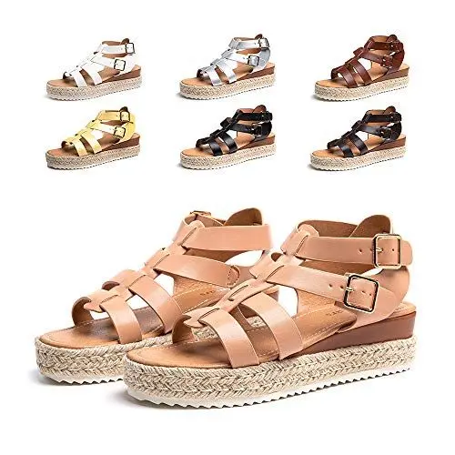 Produktbild: Hitmars Sandalen Damen Plateau Keilsandalen Espadrille Frauen Sandaletten Keilabsatz Sommerschuhe Flatform Slingback Khaki Größe 38 EU