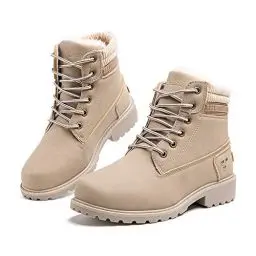 Produktbild: Hitmars Winterstiefel Damen Gefüttert Warme Winterschuhe Mode PU Vamp Schneestiefel Frauen Rutschfeste Outdoor Beiläufig Schnüren Flach 3.2 CM3 Khaki Größe 39 EU