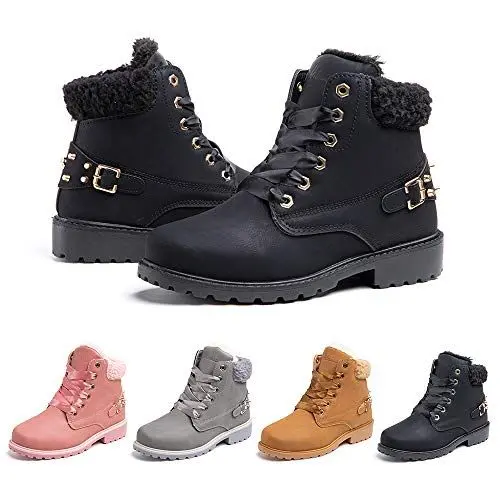 Produktbild: Hitmars Winterstiefel Damen Gefüttert Winterschuhe Kurzschaft Schneestiefel Outdoor Combat Ankle Boots Warm Stiefelette PU Leder Schwarz Khaki Grau Rosa 36-43 EU Schwarz 40