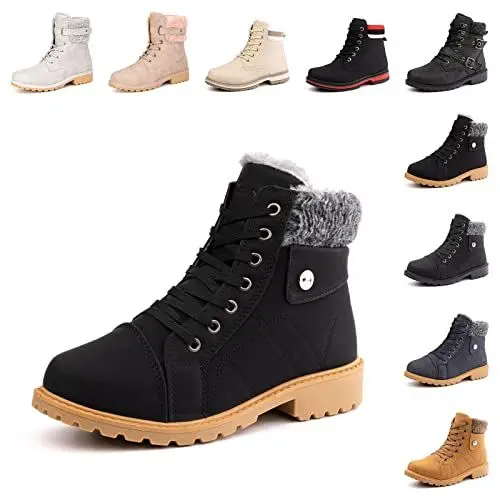 Produktbild: Hitmars Winterstiefel Damen Warme Winterschuhe Gefüttert Kurzschaft Absatz Stiefel Winter Geschnürt Stiefeletten Schneestiefel Schwarz 40 EU
