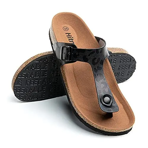 Produktbild: Hitmars Zehentrenner Damen Sandalen Fußbett Bequeme Pantoletten Flach Korkfußbett Offene Sommer Hausschuhe Frauen Schwarz Gold Silber Leopard Größe 36-43 EU Leopard 36 EU