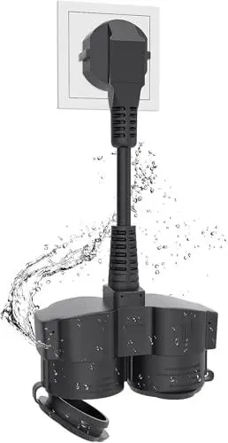Produktbild: HITRENDS Doppelstecker für Steckdose, Verlängerungskabel Außen Schutzkontakt mit 2 AC Steckdosen, 2 Fach Verteil Schuko Splitter 5 cm, Kurze Kabel, IP44 Wasserdicht, 3 * 1.5 mm², 16A/250V, Schwarz