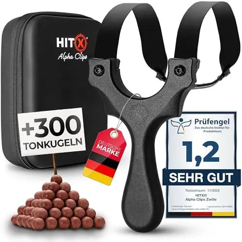 Produktbild: HITX® Zwille Steinschleuder Profi Bundle Set | Einfache Clip-Technik | Slingshot Schleuder mit Gummiband Extra Stark | Inklusive 300 Tonkugeln | Bundle Set mit Ersatzgummi | Alpha Clips