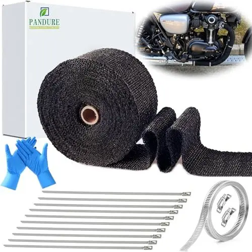 Produktbild: Hitzeschutzband Auspuffband für Motorrad Auto Titan Fiberglas Hitzeschild Wrap Tape mit Schlauchschellen Edelstahl Anti-Kaloriklebeband für Auspuff (Schwarz, 5CMx5M)