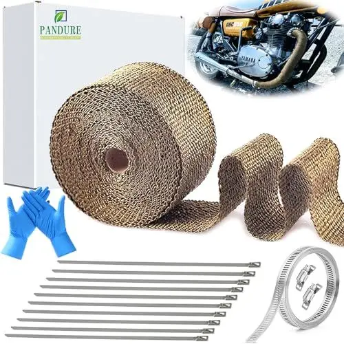Produktbild: Hitzeschutzband Auspuffband für Motorrad Auto Titan Fiberglas Hitzeschild Wrap Tape mit Schlauchschellen Edelstahl Anti-Kaloriklebeband für Auspuff (Titan, 5CMx5M)