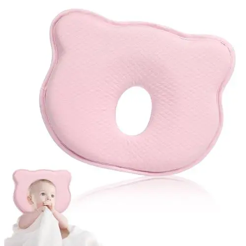 Produktbild: HIULLEN Babykissen Kopfkissen, Baby Kissen, Neugeborene Memory Foam Reisekissen, Babykissen Gegen Plattkopf, Neugeborenes Kissen für 0-12 Monate Kinder Bett, Kinderwagen, Gegen Kopfverformung-Rosa