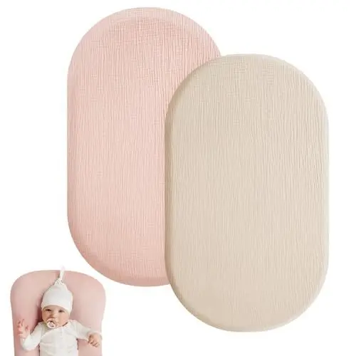 Produktbild: HIULLEN Spannbettlaken Kinderwagen, 90x40cm Matratzenschoner für Laufgitter, 2er Set Musselin-Baumwolle Spannbettlaken Babybett, Stubenwagen Spannbetttuch Bezug Matratzenbezug für Neugeborenes