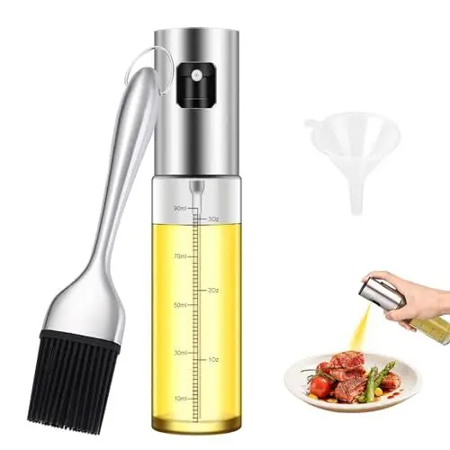 Produktbild: HIYAA Ölsprüher, 100ml Ölsprüher für Speiseöl Transparen Glas Oil Sprayer Sprühflasche mit Rostfreie Stähle Bürste und kleiner Trichter für Kochen,Grill,Heißluftfritteuse,Salat