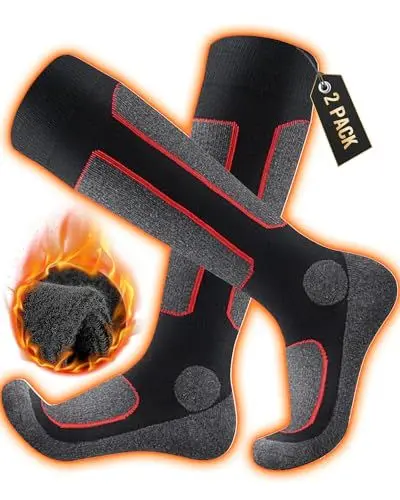 Produktbild: HIYATO Skisocken aus Merinowolle 2 Paar, Warme Thermosocken, Dicke Wintersocken für Skifahren Outdoor Wintersport Herren Damen (43-46, 2 Paar | Rot)